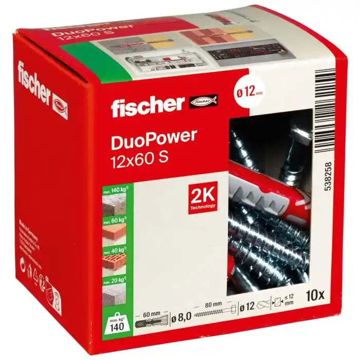 10 chevilles bi-matière DUOPOWER Ø12 x 60 mm S avec vis Ø8 x 80 mm – Fischer Achat Immédiat