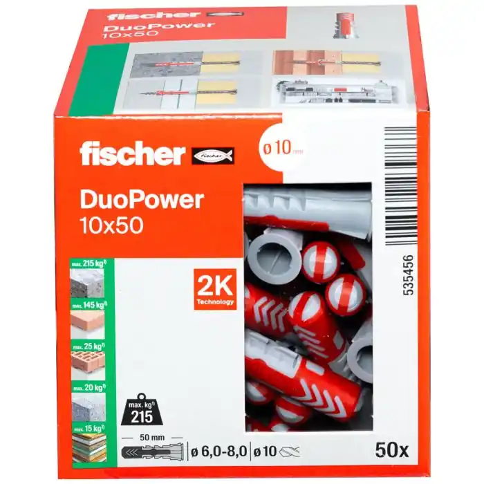 Must-Have 50 chevilles bi-matière DUOPOWER Ø10 x 50 mm sans vis, boîte à fenêtre – Fischer