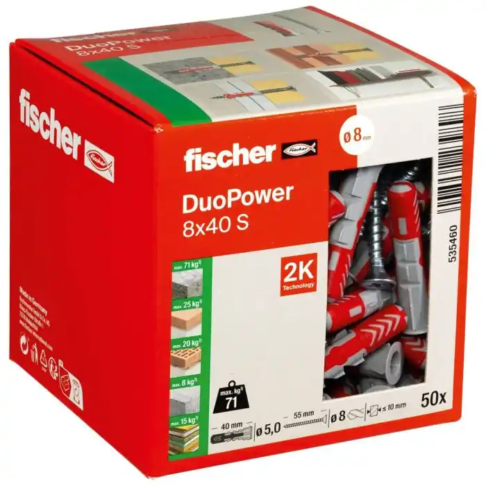 Pas Cher 50 chevilles bi-matière DUOPOWER Ø8 x 40 mm S avec vis Ø5 x 55 mm, boîte à fenêtre – Fischer