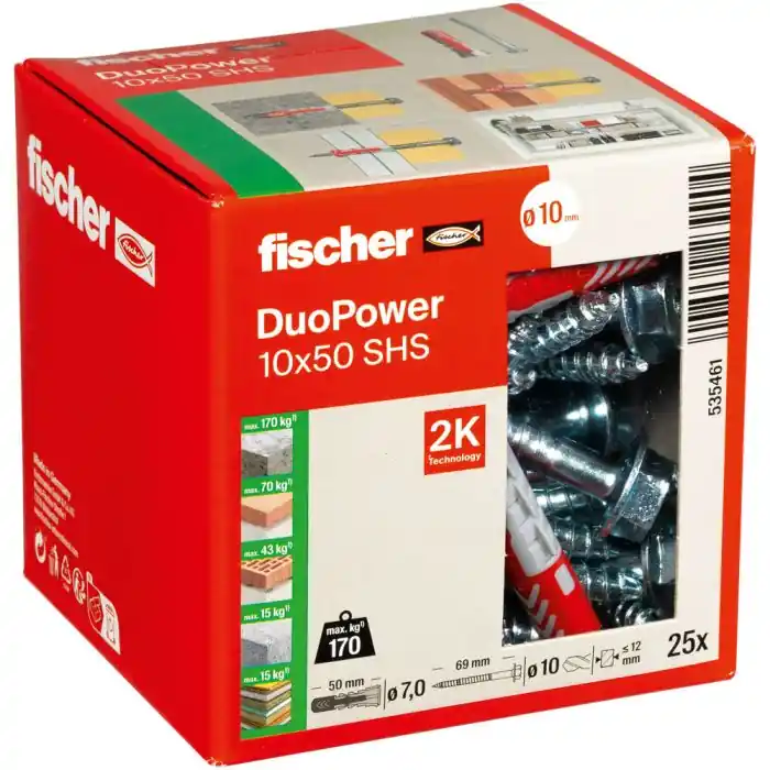 25 chevilles bi-matière DUOPOWER Ø10 x 50 mm avec tirefonds Ø7 x 69 mm – Fischer Meilleure Vente