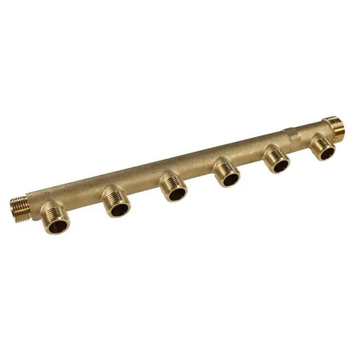 Nourrice sanitaire matricé avec arrivée Mâle 3/4&Prime; (20×27) et Femelle 1/2&Prime; (15×21) – 6 départs 1/2&Prime; (15/21) – Entraxe 50mm – Arcanaute Nouveauté