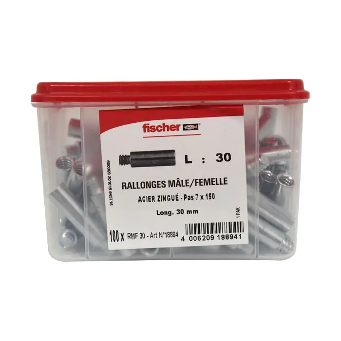 Offre Limitée 100 rallonges pour patte à vis 7×150 – Mâle Femelle – Longueur 30 mm – Fischer