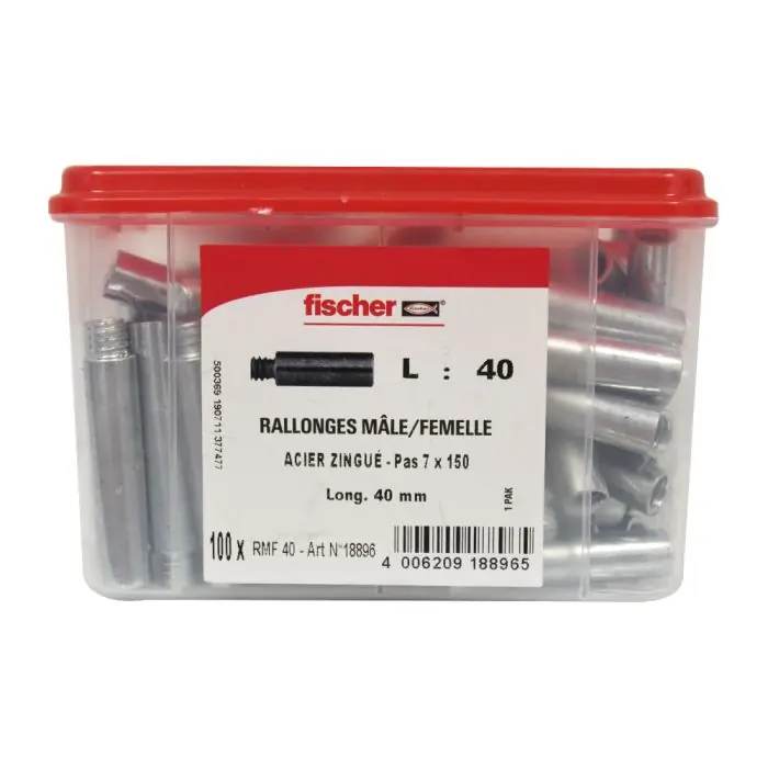 Commande En Gros 100 rallonges pour patte à vis 7×150 – Mâle Femelle – Longueur 40 mm – Fischer