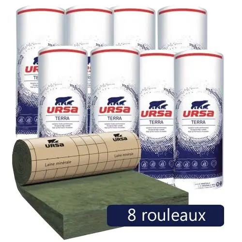 8 rouleaux laine de verre URSA MRK 35 TERRA revêtu kraft – Ep. 200mm – 30,72m² – R 5.70 Offre Du Jour
