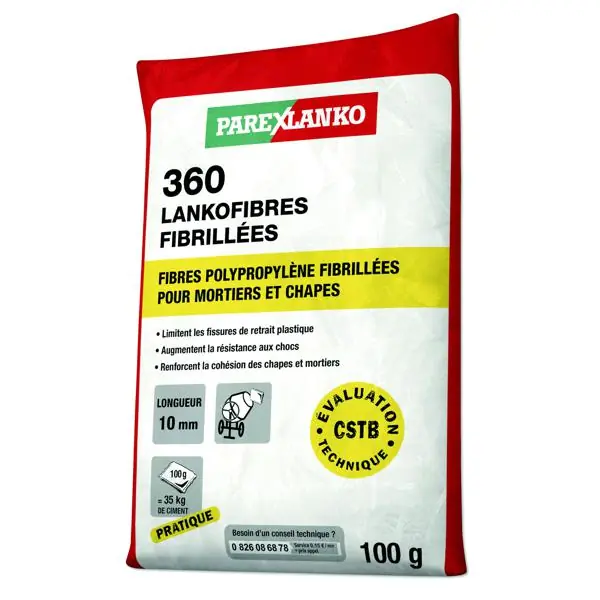 Fibre polypropylène pour chapes 360 LANKOFIBRES sachet 100g Nouveauté